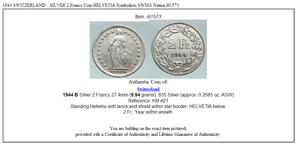 1944 SWITZERLAND - SILVER 2 Francs Coin HELVETIA Symbolizes SWISS Nation i91573