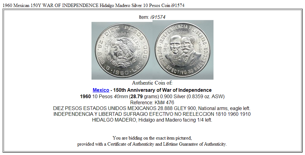 1960 Mexican 150Y WAR OF INDEPENDENCE Hidalgo Madero Silver 10 Pesos Coin i91574