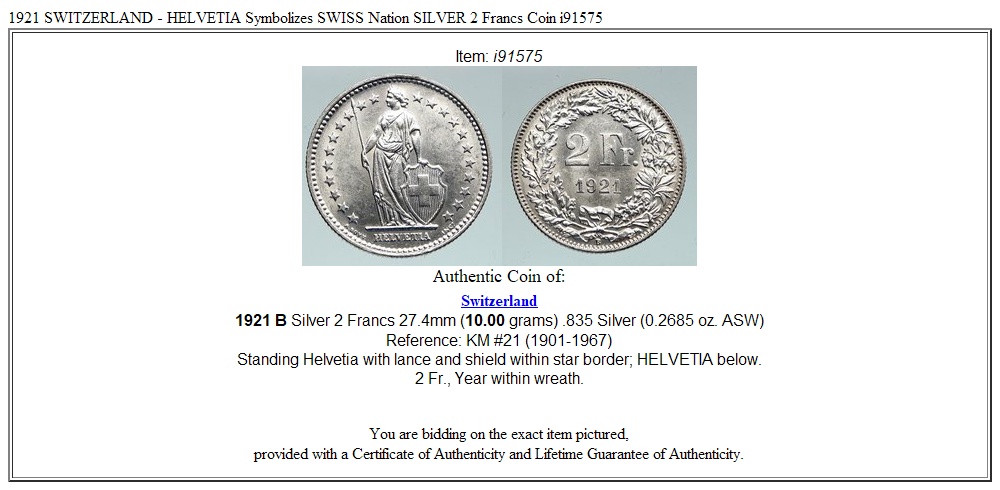 1921 SWITZERLAND - HELVETIA Symbolizes SWISS Nation SILVER 2 Francs Coin i91575