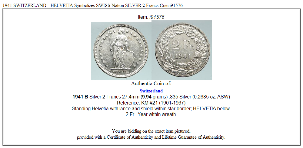 1941 SWITZERLAND - HELVETIA Symbolizes SWISS Nation SILVER 2 Francs Coin i91576