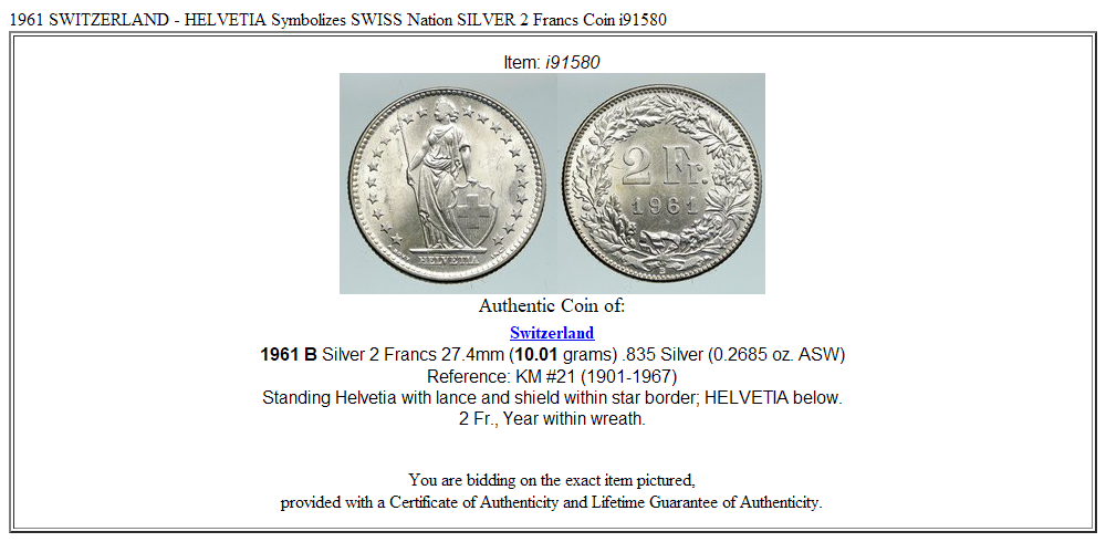 1961 SWITZERLAND - HELVETIA Symbolizes SWISS Nation SILVER 2 Francs Coin i91580