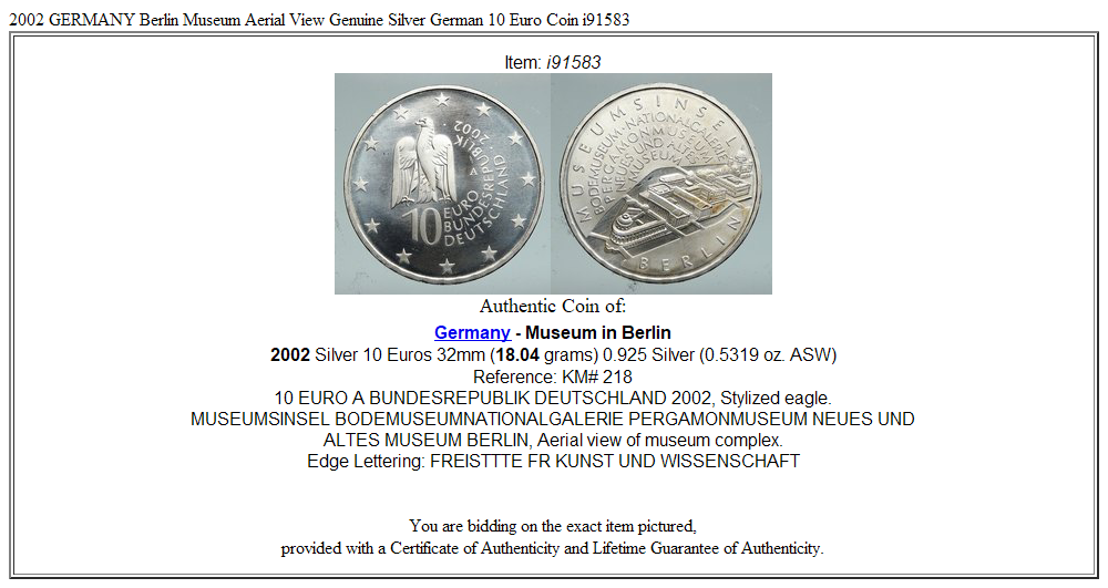 2002 GERMANY Berlin Museum Aerial View Genuine Silver German 10 Euro Coin i91583