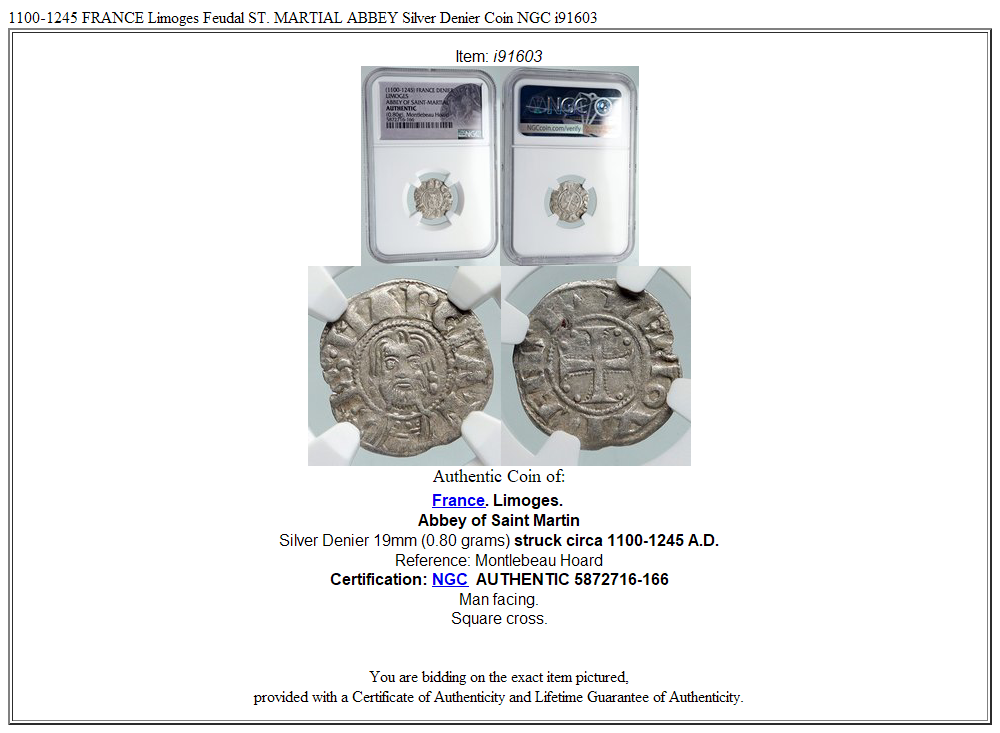 1100-1245 FRANCE Limoges Feudal ST. MARTIAL ABBEY Silver Denier Coin NGC i91603