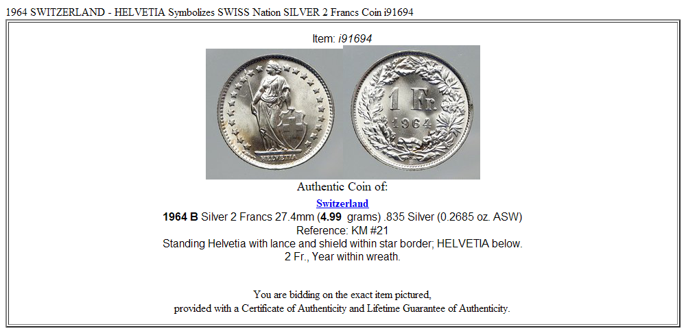 1964 SWITZERLAND - HELVETIA Symbolizes SWISS Nation SILVER 2 Francs Coin i91694