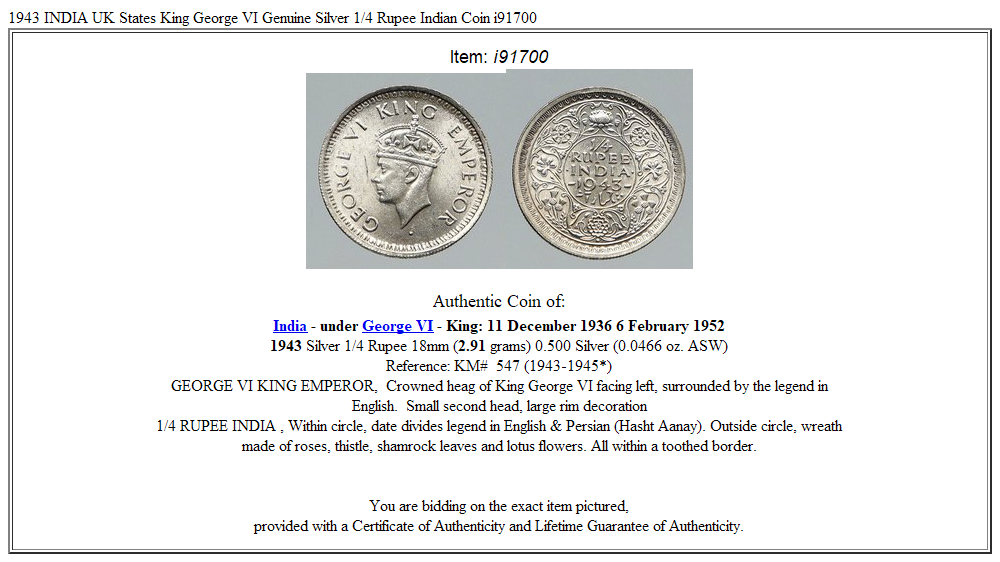 1943 INDIA UK States King George VI Genuine Silver 1/4 Rupee Indian Coin i91700