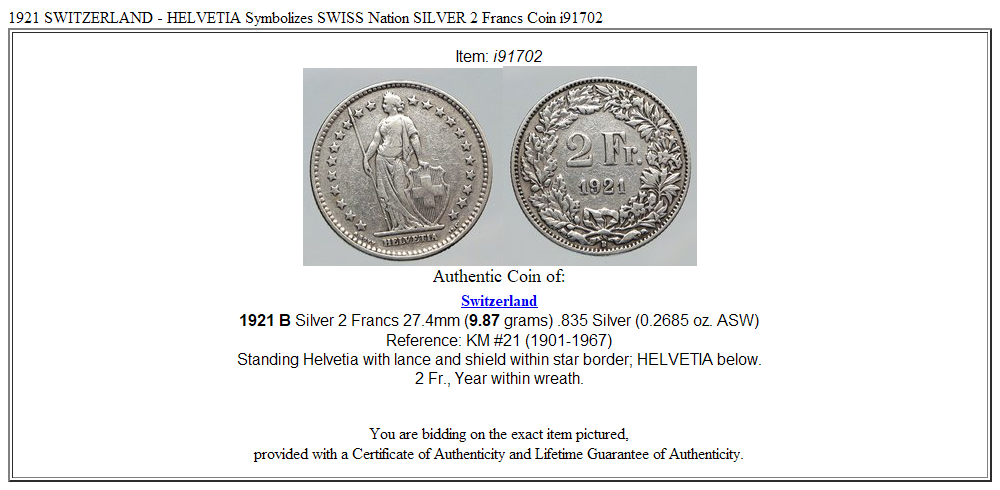 1921 SWITZERLAND - HELVETIA Symbolizes SWISS Nation SILVER 2 Francs Coin i91702