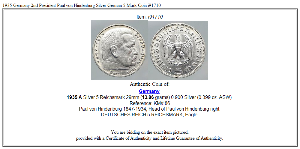 1935 Germany 2nd President Paul von Hindenburg Silver German 5 Mark Coin i91710