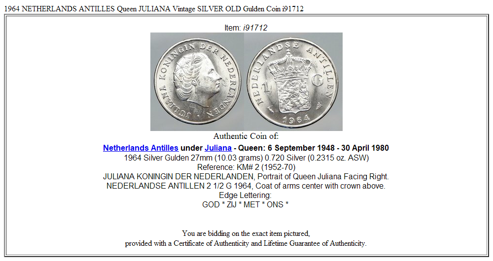 1964 NETHERLANDS ANTILLES Queen JULIANA Vintage SILVER OLD Gulden Coin i91712