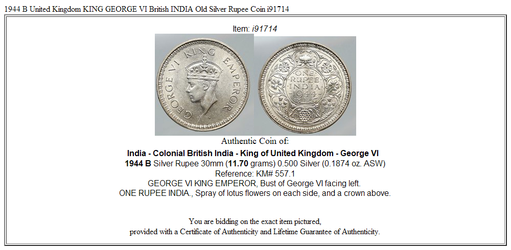 1944 B United Kingdom KING GEORGE VI British INDIA Old Silver Rupee Coin i91714