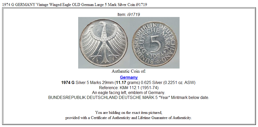 1974 G GERMANY Vintage Winged Eagle OLD German Large 5 Mark Silver Coin i91719