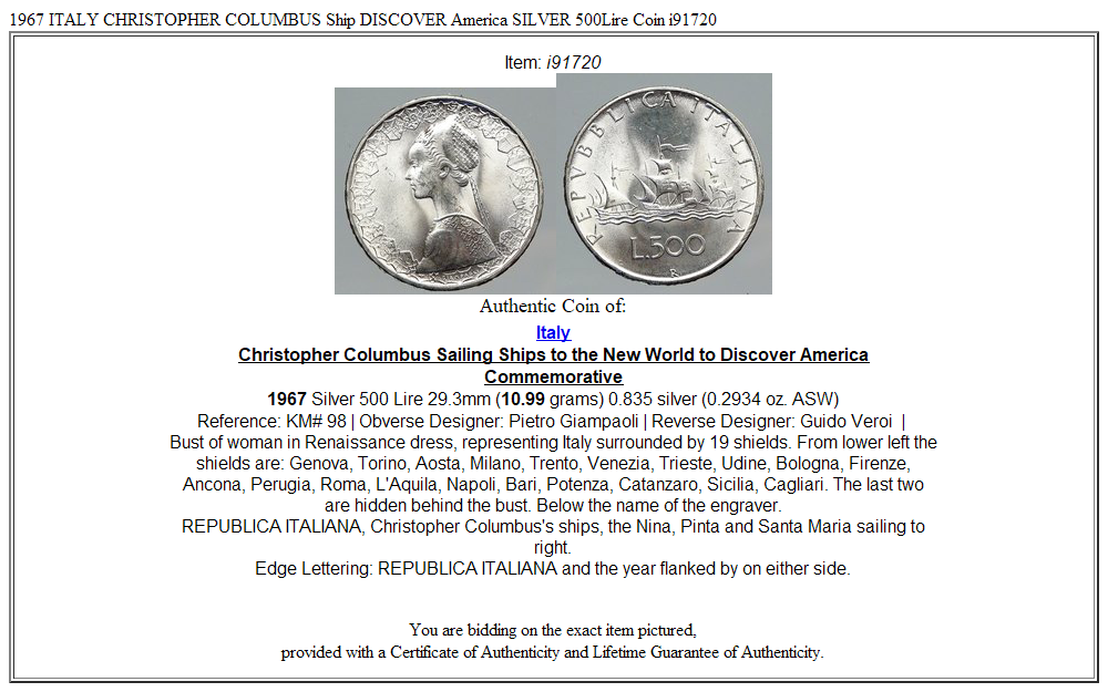 1967 ITALY CHRISTOPHER COLUMBUS Ship DISCOVER America SILVER 500Lire Coin i91720