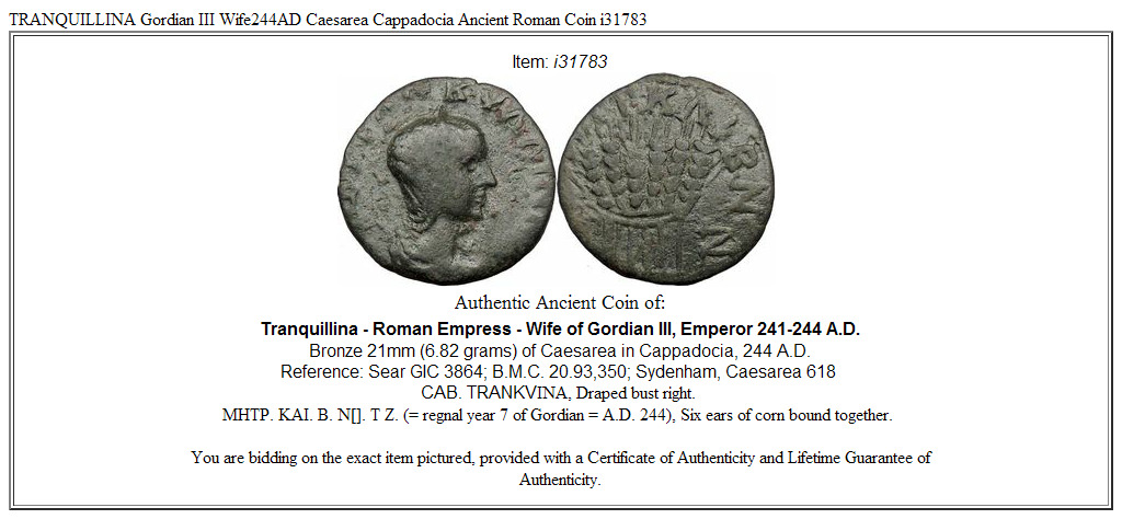 TRANQUILLINA Gordian III Wife244AD Caesarea Cappadocia Ancient Roman Coin i31783