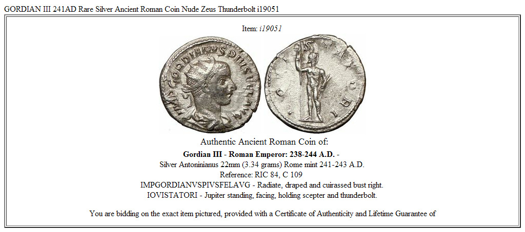 GORDIAN III 241AD Rare Silver Ancient Roman Coin Nude Zeus Thunderbolt i19051