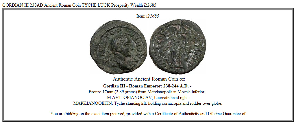 GORDIAN III 238AD Ancient Roman Coin TYCHE LUCK Prosperity Wealth i22685
