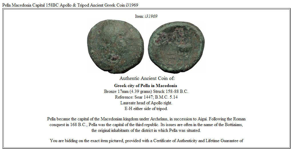 Pella Macedonia Capital 158BC Apollo & Tripod Ancient Greek Coin i31969