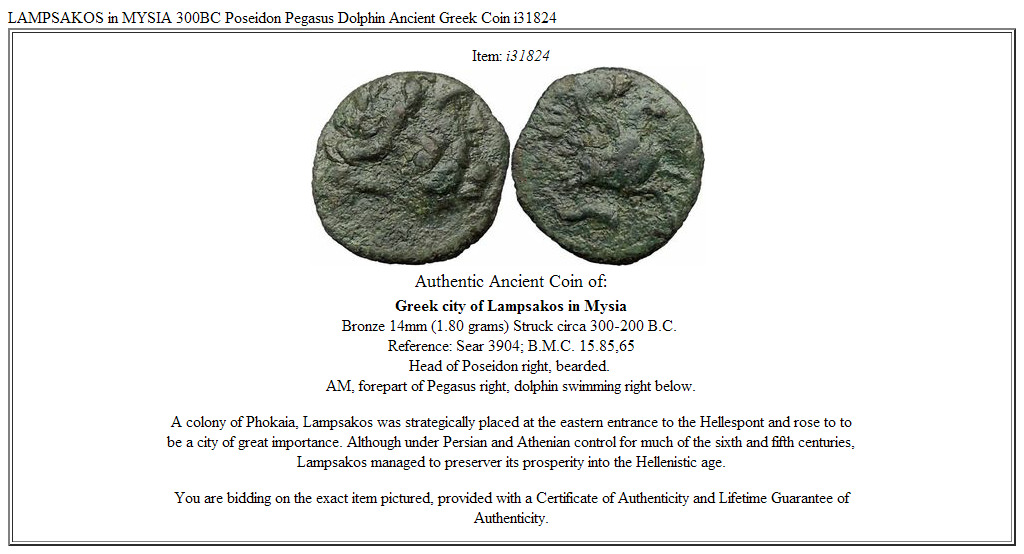 LAMPSAKOS in MYSIA 300BC Poseidon Pegasus Dolphin Ancient Greek Coin i31824