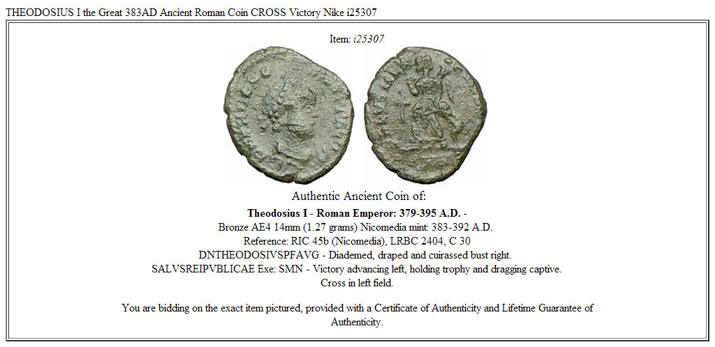THEODOSIUS I the Great 383AD Ancient Roman Coin CROSS Victory Nike i25307