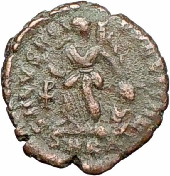 ARCADIUS 383AD Ancient Roman Coin VICTORY NIKE Chi-Rho Christ Monog i27894