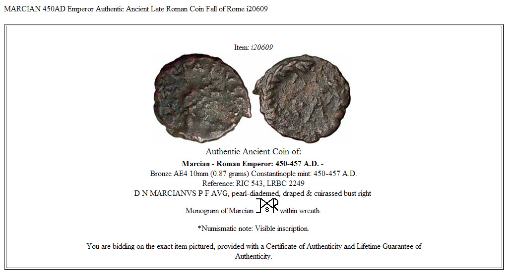 MARCIAN 450AD Emperor Authentic Ancient Late Roman Coin Fall of Rome i20609