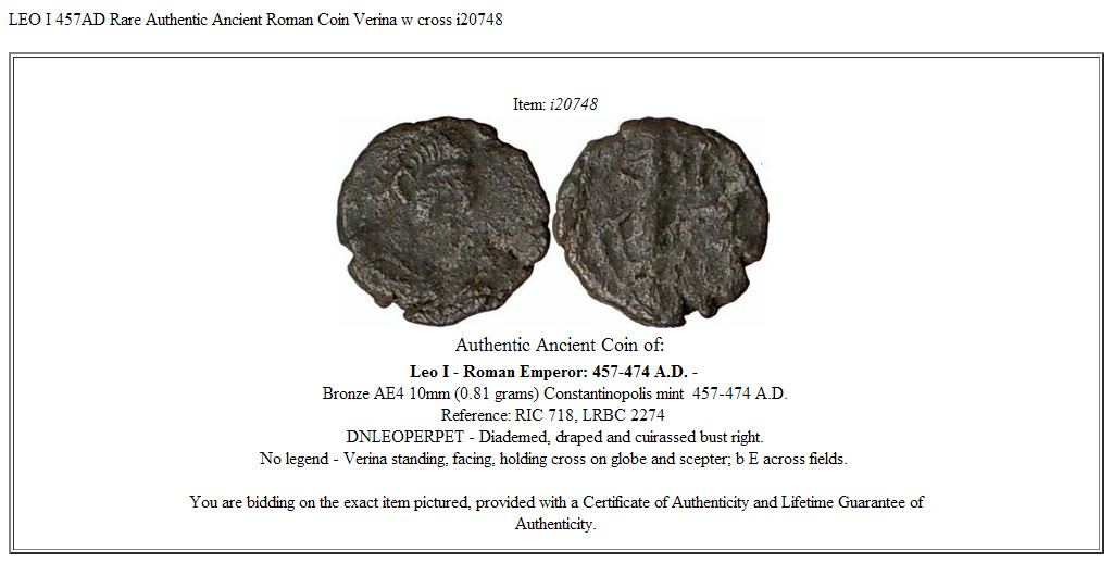 LEO I 457AD Rare Authentic Ancient Roman Coin Verina w cross i20748