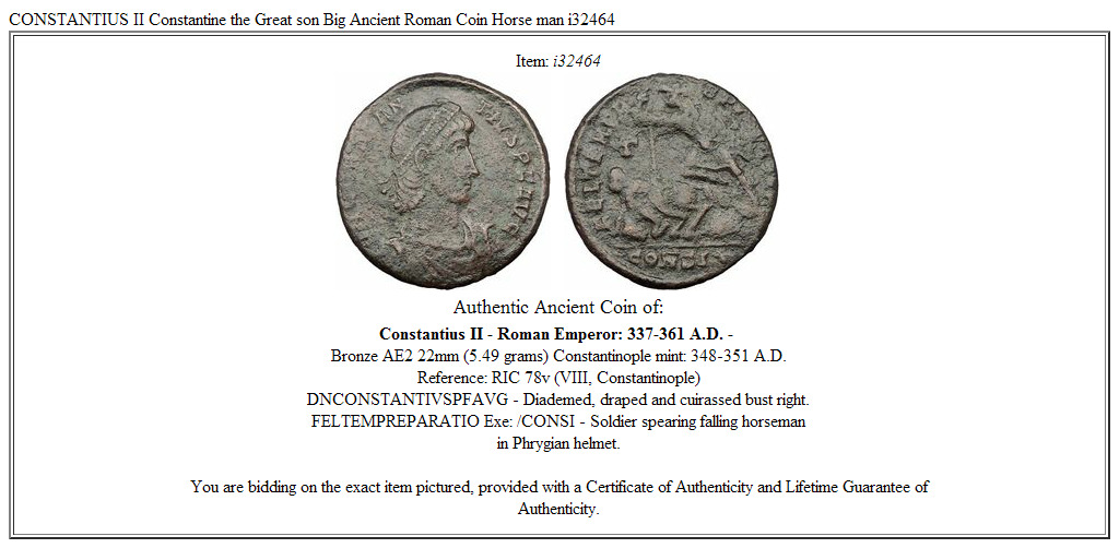 CONSTANTIUS II Constantine the Great son Big Ancient Roman Coin Horse man i32464