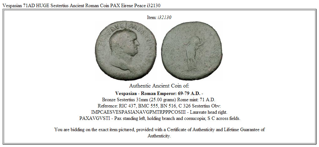 Vespasian 71AD HUGE Sestertius Ancient Roman Coin PAX Eirene Peace i32130