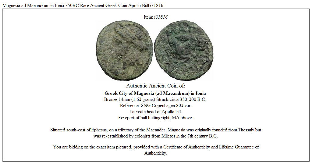Magnesia ad Maeandrum in Ionia 350BC Rare Ancient Greek Coin Apollo Bull i31816