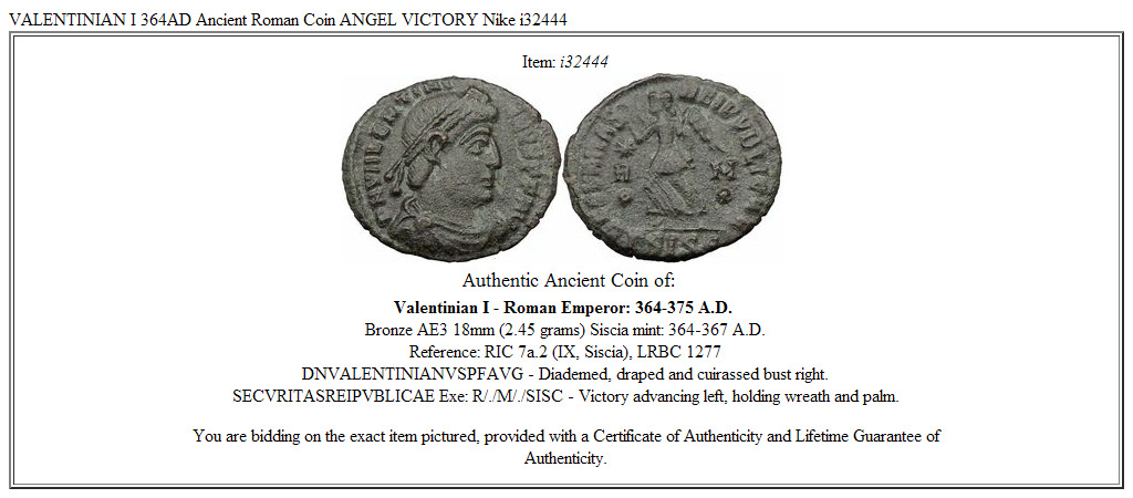 VALENTINIAN I 364AD Ancient Roman Coin ANGEL VICTORY Nike i32444