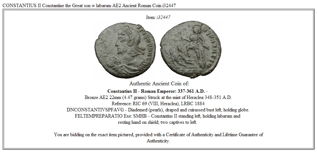 CONSTANTIUS II Constantine the Great son w labarum AE2 Ancient Roman Coin i32447