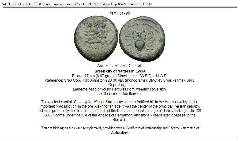 SARDES in LYDIA 133BC RARE Ancient Greek Coin HERCULES Wine Cup KANTHAROS i31798