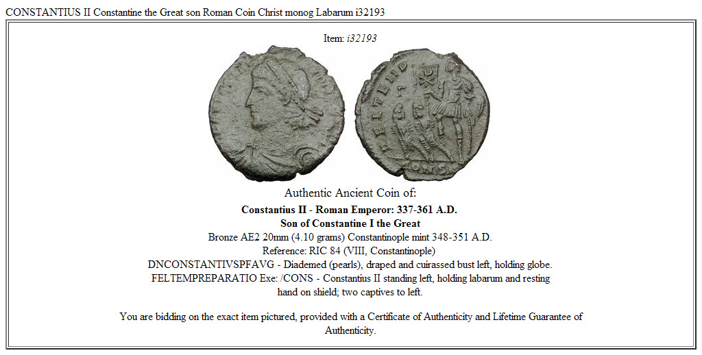 CONSTANTIUS II Constantine the Great son Roman Coin Christ monog Labarum i32193