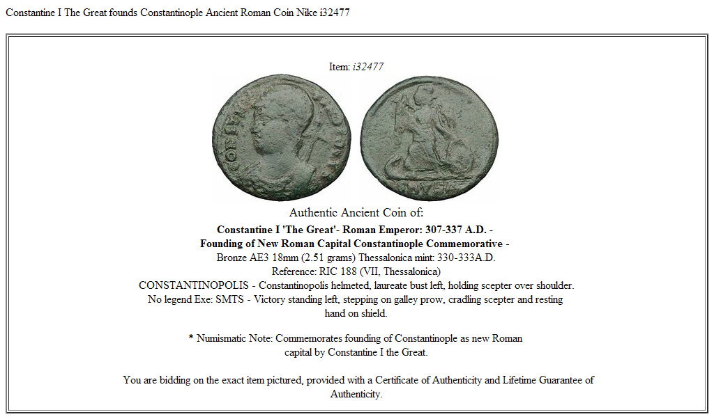 Constantine I The Great founds Constantinople Ancient Roman Coin Nike i32477