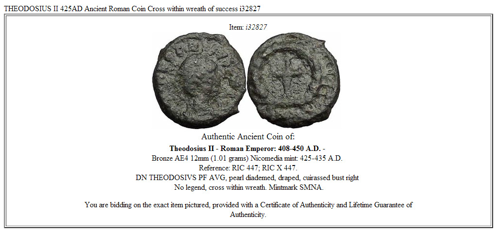 THEODOSIUS II 425AD Ancient Roman Coin Cross within wreath of success i32827