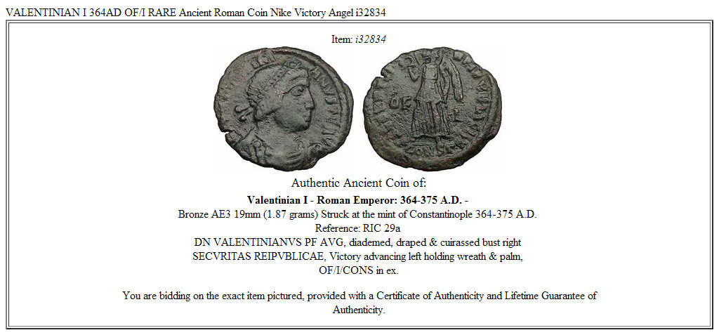 VALENTINIAN I 364AD OF/I RARE Ancient Roman Coin Nike Victory Angel i32834