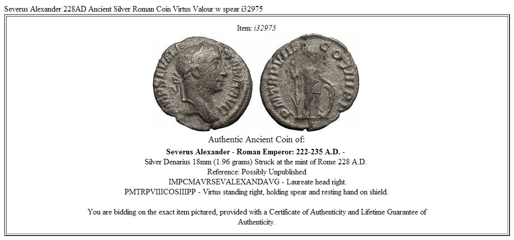 Severus Alexander 228AD Ancient Silver Roman Coin Virtus Valour w spear i32975