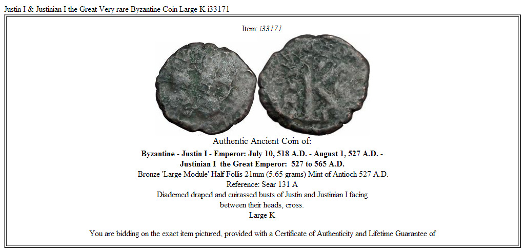 Justin I & Justinian I the Great Very rare Byzantine Coin Large K i33171