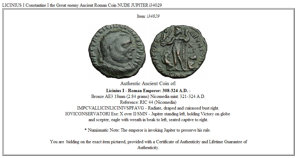 LICINIUS I Constantine I the Great enemy Ancient Roman Coin NUDE JUPITER i34029