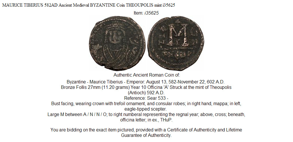 MAURICE TIBERIUS 582AD Ancient Medieval BYZANTINE Coin THEOUPOLIS mint i35625