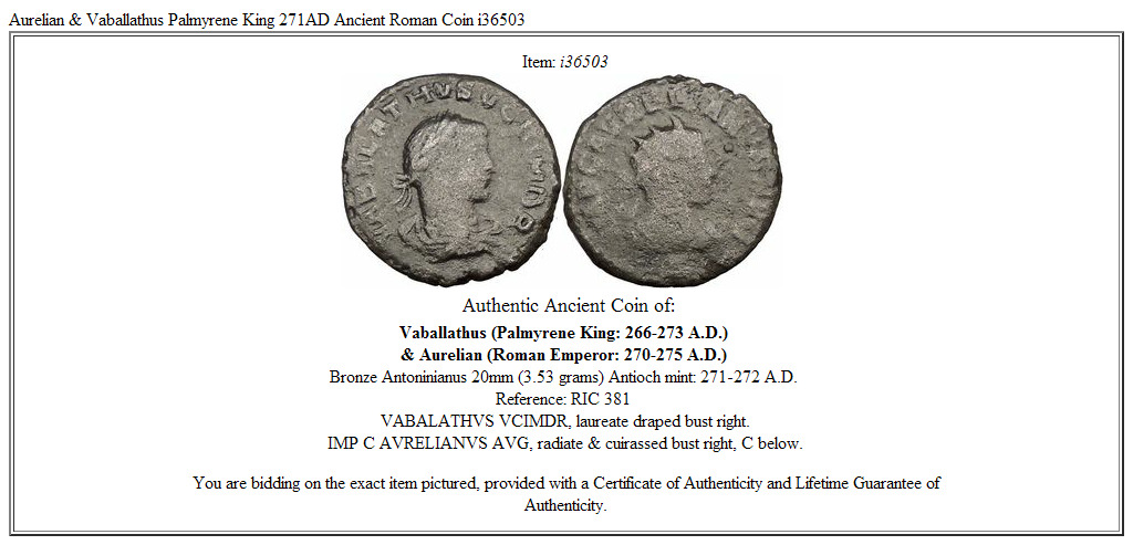 Aurelian & Vaballathus Palmyrene King 271AD Ancient Roman Coin i36503