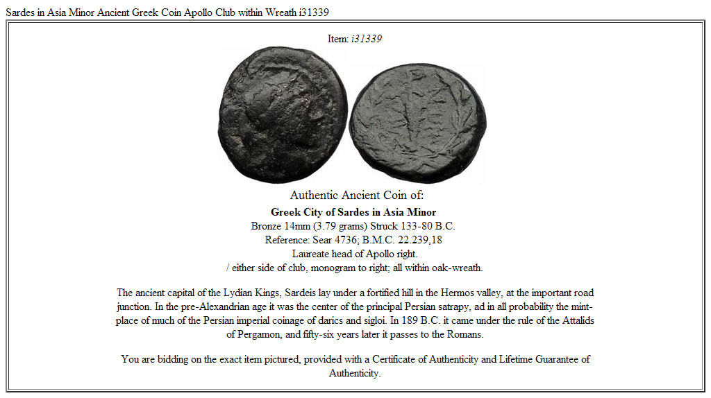 Sardes in Asia Minor Ancient Greek Coin Apollo Club within Wreath i31339