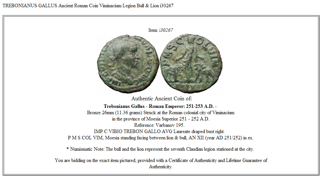 TREBONIANUS GALLUS Ancient Roman Coin Viminacium Legion Bull & Lion i30267