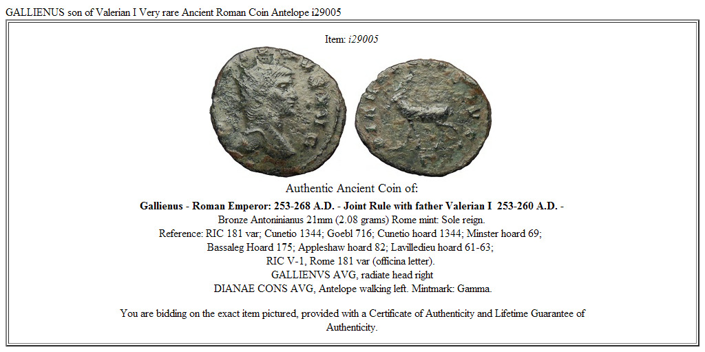 GALLIENUS son of Valerian I Very rare Ancient Roman Coin Antelope i29005