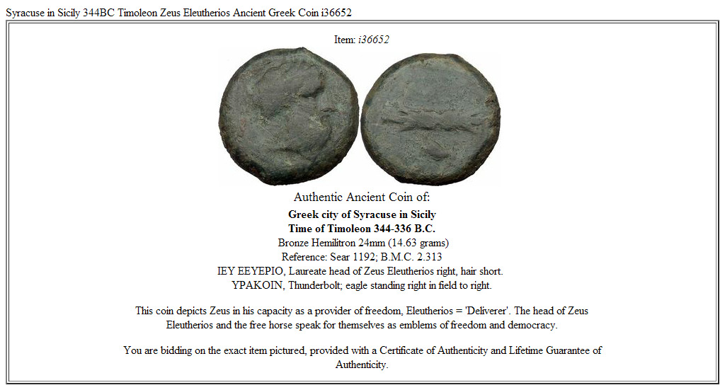 Syracuse in Sicily 344BC Timoleon Zeus Eleutherios Ancient Greek Coin i36652