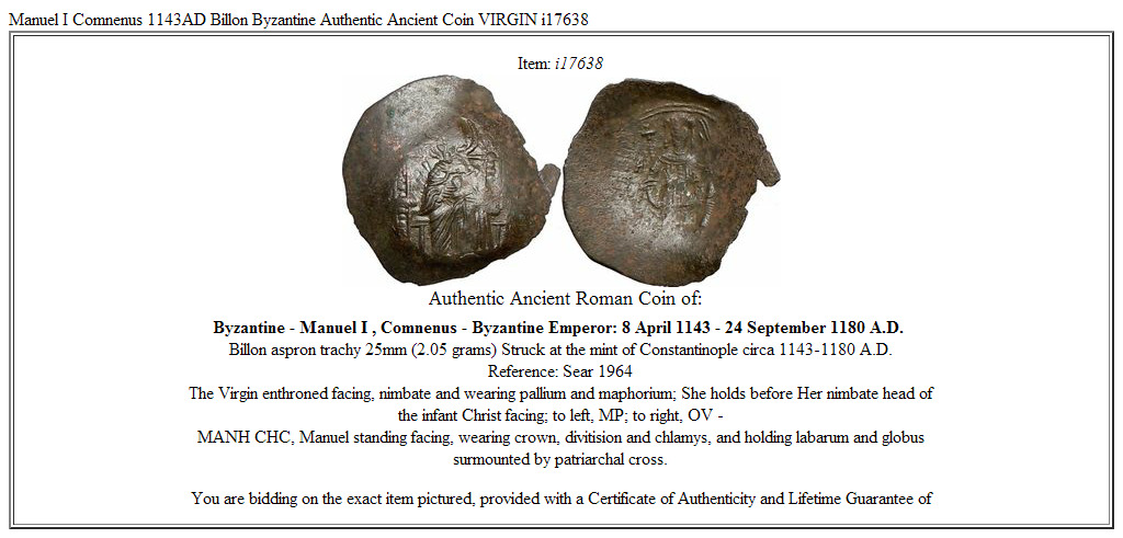 Manuel I Comnenus 1143AD Billon Byzantine Authentic Ancient Coin VIRGIN i17638