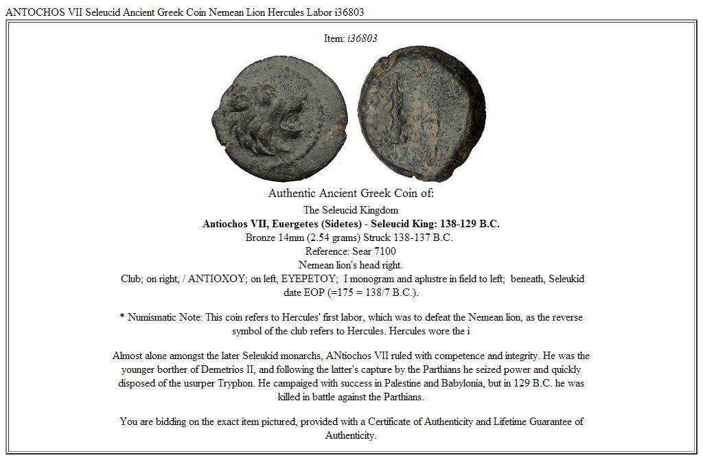 ANTOCHOS VII Seleucid Ancient Greek Coin Nemean Lion Hercules Labor i36803
