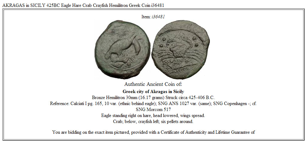 AKRAGAS in SICILY 425BC Eagle Hare Crab Crayfish Hemilitron Greek Coin i36481