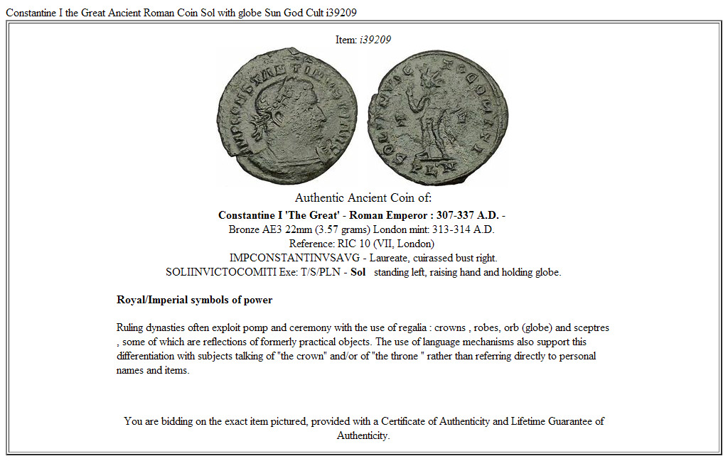 Constantine I the Great Ancient Roman Coin Sol with globe Sun God Cult i39209