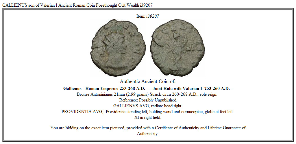 GALLIENUS son of Valerian I Ancient Roman Coin Forethought Cult Wealth i39207