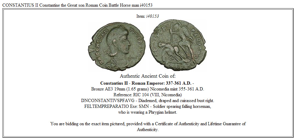 CONSTANTIUS II Constantine the Great son Roman Coin Battle Horse man i40153