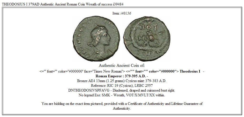 THEODOSIUS I 379AD Authentic Ancient Roman Coin Wreath of success i39484